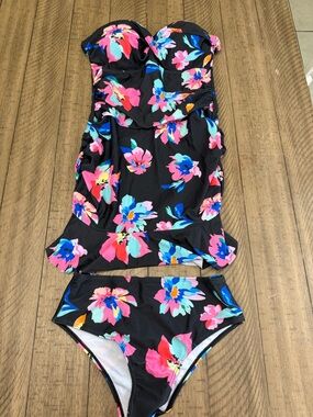 Black Floral Bandeau Tankini Set with Pink & Blue Blooms